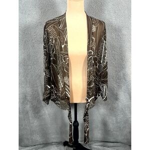 Chico's Kimono Cardigan Womens 3 Brown Silk Allover Print Wrap Tie Boho Resort